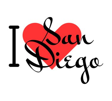 San Diego 'yu seviyorum, Birleşik Devletler şehri. Kırmızı kalpli el yazısıyla yazılmış mektuplar. Vektör illüstrasyon harfleri, yazdırma tişörtü, afiş, poster, etiket veya etiket için modern tasarım.