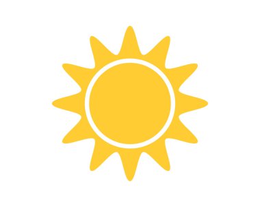 Canlı sarı güneş çizimi, beyaza izole edilmiş. Sıcaklığı, enerjiyi ve mutluluğu temsil eder. Hava tahminleri, yaz promosyonları veya olumlu mesajlar için ideal.