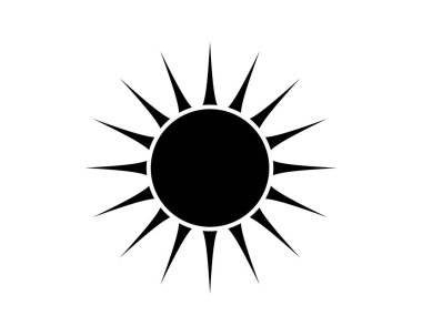 Cesur, minimalist güneş çizimi. Keskin, sivri ışınlar siyah bir çemberden çıkar. Enerji, sıcaklık ve yazı sembolize eder. Tasarım projeleri için mükemmel.