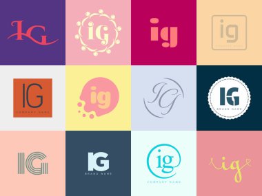 IG logo şirketi şablonu. I ve G logoti harfleri. Tasarım elemanları ile farklı klasik serif harfleri ve modern kalın metin ayarla. İlk yazı tipi tipografisi. Koleksiyon trend iş kimliği.