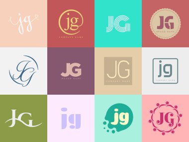 JG logo şirketi şablonu. J ve G harfi logoti. Tasarım elemanları ile farklı klasik serif harfleri ve modern kalın metin ayarla. İlk yazı tipi tipografisi. Koleksiyon trend iş kimliği.