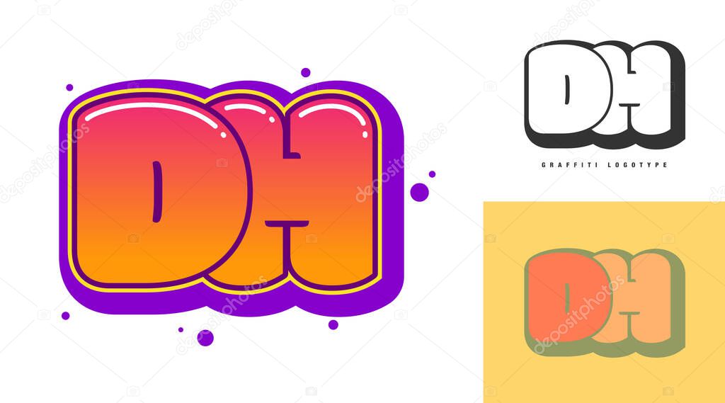 DH logo design for festival or party. Initial letter d and h in graffiti style. Creative modern lettering company name of font typography. Kids trendy logotype or identity. Vector illustration.