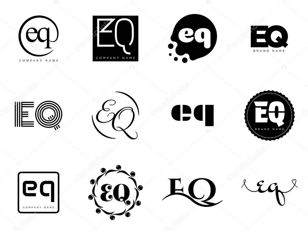 EQ logo company template. Letter e and q logotype. Set different classic serif lettering and modern bold text with design elements. Initial font typography. Collection trendy business identity.