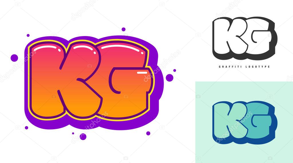 KG logo design for festival or party. Initial letter k and g in graffiti style. Creative modern lettering company name of font typography. Kids trendy logotype or identity. Vector illustration.