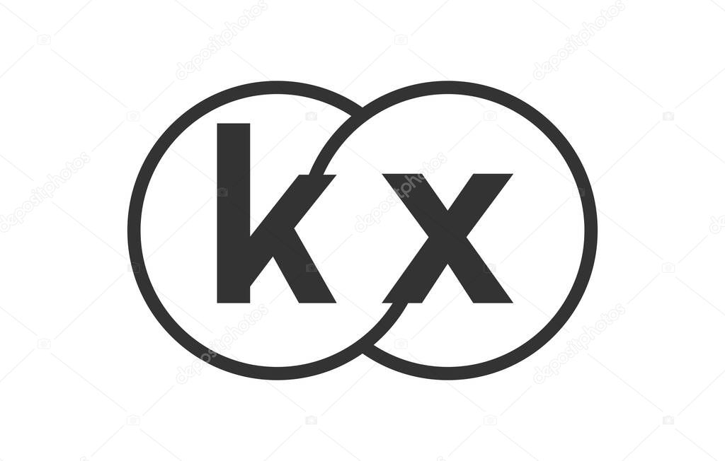 KX business company emblem with outline rounds and letters k x. Logo template of two merged circles for brand identity, logotype. Vector Infinity symbol  and technology sign.