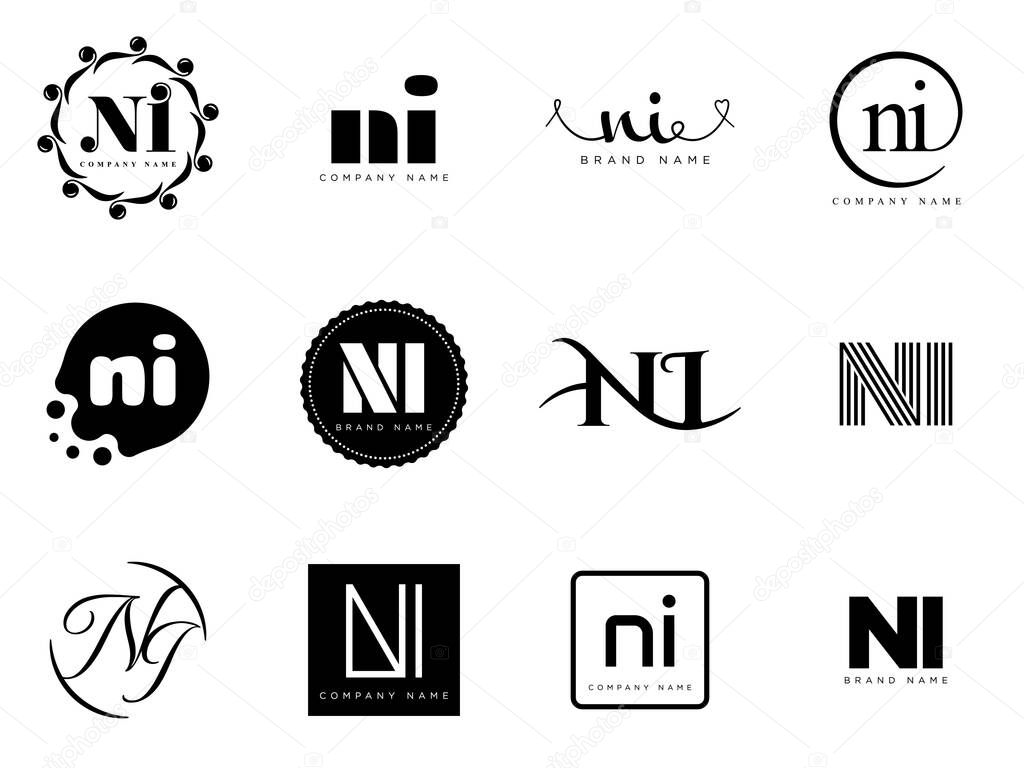 NI logo company template. Letter n and i logotype. Set different classic serif lettering and modern bold text with design elements. Initial font typography. Collection trendy business identity.