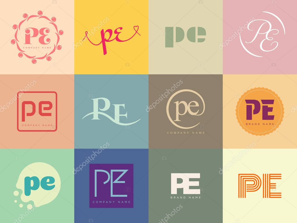 PE logo company template. Letter p and e logotype. Set different classic serif lettering and modern bold text with design elements. Initial font typography. Collection trendy business identity.