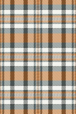Oturma odası ekose desenli tartan, iç çamaşırı vektörü kusursuz arka plan. Tekstil kumaş deseni beyaz ve turuncu renk paleti ile kontrol ediliyor.
