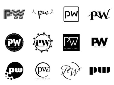PW logo şirketi şablonu. P ve W harfleri logoti. Tasarım elemanları ile farklı klasik serif harfleri ve modern kalın metin ayarla. İlk yazı tipi tipografisi. Koleksiyon trend iş kimliği.