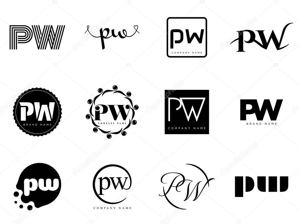 PW logo company template. Letter p and w logotype. Set different classic serif lettering and modern bold text with design elements. Initial font typography. Collection trendy business identity.