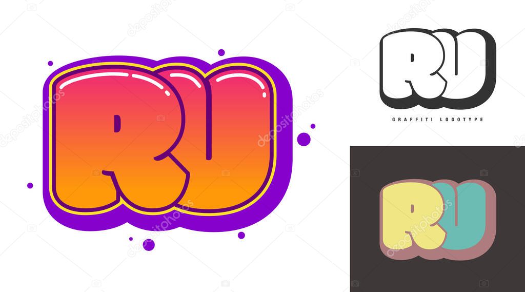 RU logo design for festival or party. Initial letter r and u in graffiti style. Creative modern lettering company name of font typography. Kids trendy logotype or identity. Vector illustration.