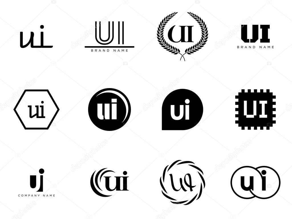 UI logo company template. Letter u and i logotype. Set different classic serif lettering and modern bold text with design elements. Initial font typography. Collection trendy business identity.