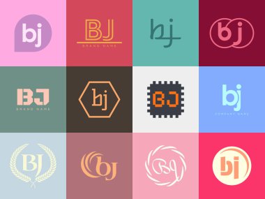 BJ logo şirketi şablonu. B ve J harfleri logoti. Tasarım elemanları ile farklı klasik serif harfleri ve modern kalın metin ayarla. İlk yazı tipi tipografisi. Koleksiyon trend iş kimliği.