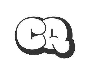 CQ logosu, karikatür harfleri, graffiti stili siyah beyaz siluet şeklinde yuvarlak. Festival partisi için modaya uygun C ve Q harfi. Baş harfleri, çocuklar için funky prinky ve web. Vektör illüstrasyonu.