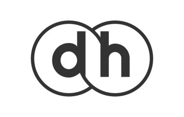 Ana hatları yuvarlak ve d h harfleriyle işaretlenmiş DH şirket amblemi marka kimliği için birleştirilmiş iki dairenin şablonu, logotip. Vektör Sonsuzluk sembolü ve teknoloji işareti.
