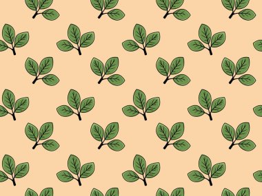 Kusursuz pastel şeftali arkaplanı. Tekerrür eden şekilli yeşil yapraklar. Tekstil tasarımı, duvar kağıdı, markalaşma veya web sitesi geçmişi için mükemmel.