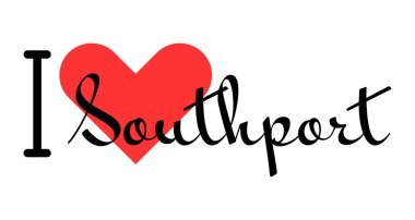 Birleşik Krallık 'ın Southport şehrini seviyorum. Kırmızı kalpli el yazısıyla yazılmış mektuplar. Vektör illüstrasyon harfleri, yazdırma tişörtü, afiş, poster, etiket veya etiket için modern tasarım.