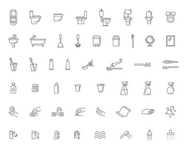 Tuvaletin temel öğeleri çizgi simgeleri. Minimalist vektör seti hijyen göstergesi, tesisat temizleme elementleri. Tasarım, uygulama veya web sitesi için harika