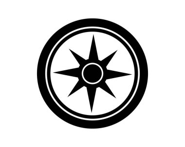 Pusula gülü içeren temiz siyah beyaz grafik tasarımı. Yönlendirmeyi, yönlendirmeyi, yönü sembolize eder. Seyahat, keşif ya da teknoloji projeleri için çok yönlü.