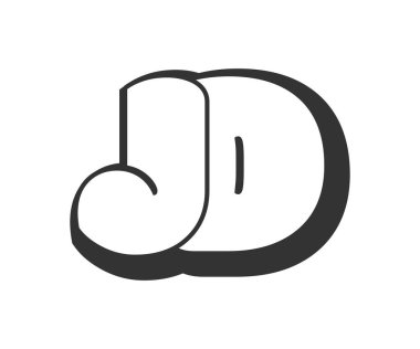 JD logosu, balon komedi harfleri, graffiti stili siyah beyaz siluet şeklinde yuvarlak. Festival partisi için son moda J ve D harfi. Baş harfleri, çocukların komik yazıları ve internet sayfaları. Vektör illüstrasyonu.