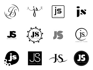 JS logo şirketi şablonu. J harfi ve logoti. Tasarım elemanları ile farklı klasik serif harfleri ve modern kalın metin ayarla. İlk yazı tipi tipografisi. Koleksiyon trend iş kimliği.