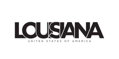 Louisiana, ABD tipografi sloganı. Baskı ve web ürünleri için grafik şehir harfleriyle Amerika logosu.
