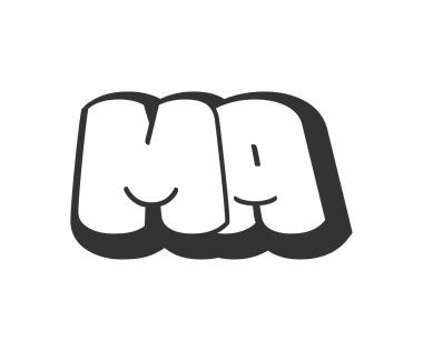 Ma logosu, balon komedi harfleri, graffiti stili siyah beyaz siluet şeklinde yuvarlak. Modayı takip eden anaokulu M ve festival partisi için bir mektup, baş harfler, çocuklar için funky prinky ve web. Vektör illüstrasyonu.