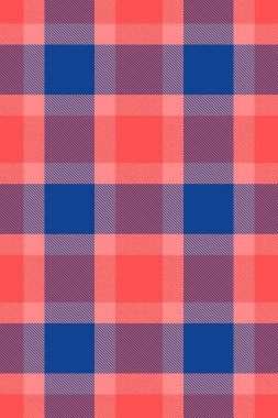 İpeksi tekstil ekoseli, kartpostal vektör arkaplan tartan. Mavi ve kırmızı renk paletinde dışa dönük kontrol deseni dokusu.