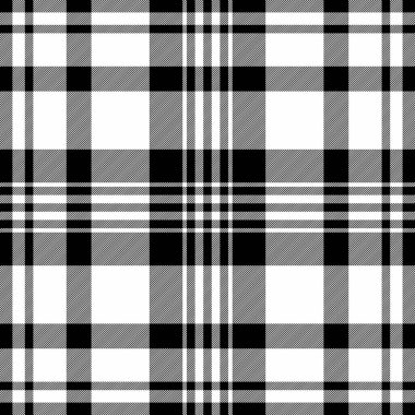 Klasik siyah-beyaz tartan deseni. Geçmişler, tekstil, moda tasarımları ve şenlikli kış temaları için ideal. Zamansız, çok yönlü grafik kaynağı.