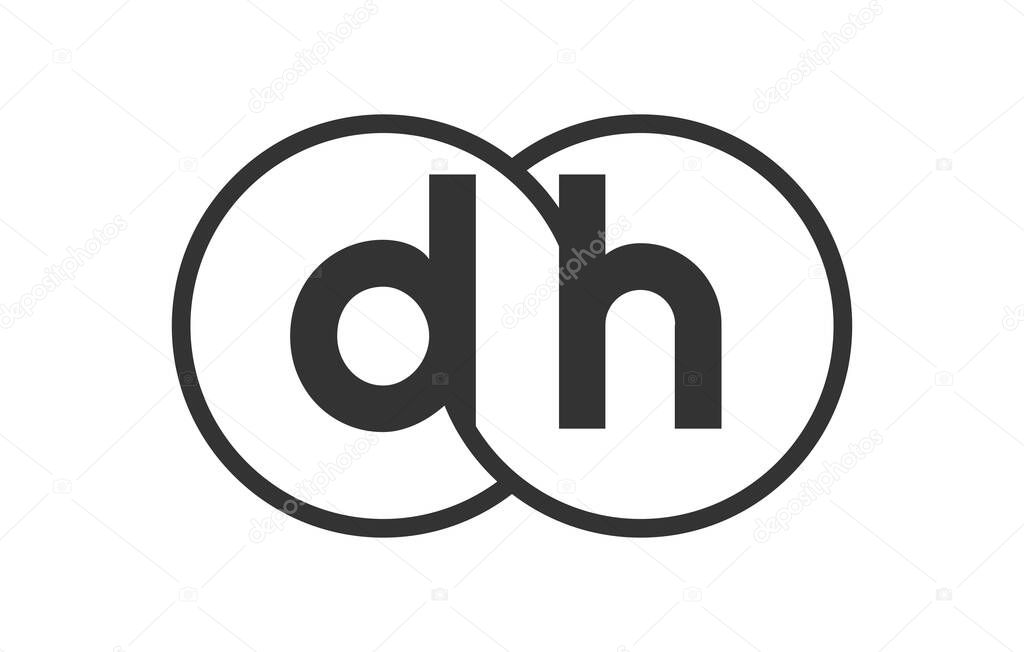 DH business company emblem with outline rounds and letters d h. Logo template of two merged circles for brand identity, logotype. Vector Infinity symbol  and technology sign.
