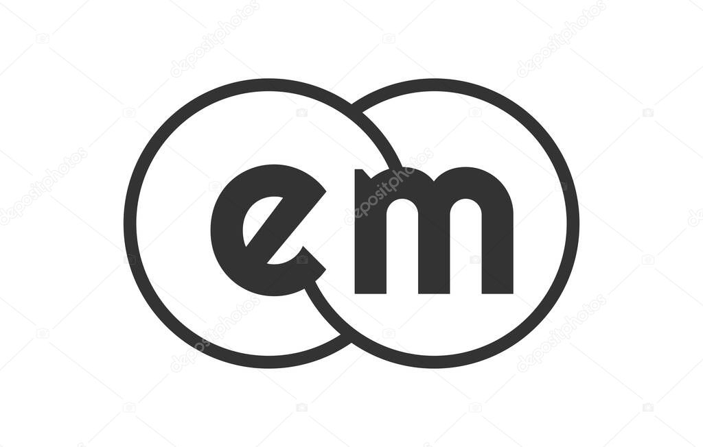 EM business company emblem with outline rounds and letters e m. Logo template of two merged circles for brand identity, logotype. Vector Infinity symbol  and technology sign.