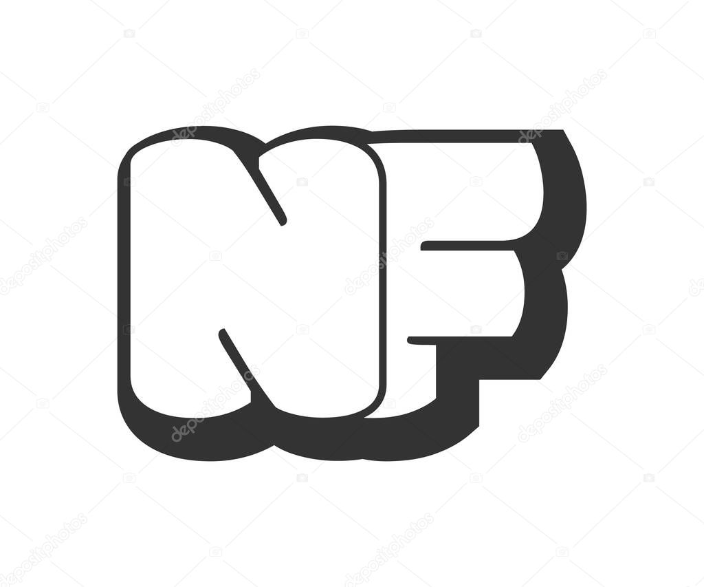 NF logo, bubble comic lettering, rounded in graffiti style black and white silhouette. Trendy preschool N and F letter text for festival party, personal initials, children funky print and web. Vector illustration.