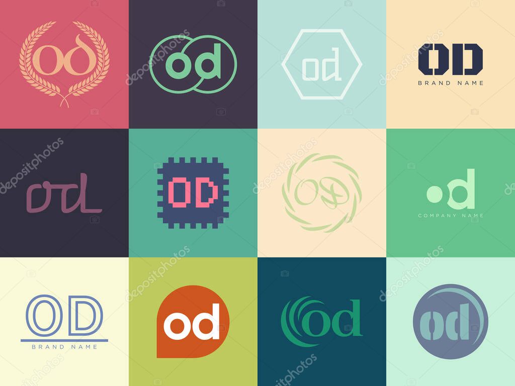 OD logo company template. Letter o and d logotype. Set different classic serif lettering and modern bold text with design elements. Initial font typography. Collection trendy business identity.