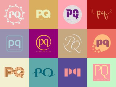 PQ logo şirketi şablonu. P ve Q logoti harfleri. Tasarım elemanları ile farklı klasik serif harfleri ve modern kalın metin ayarla. İlk yazı tipi tipografisi. Koleksiyon trend iş kimliği.