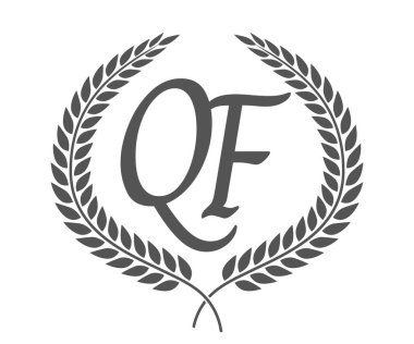 Q ve F harfleri, defne çelenkli QF monogram logo tasarımı. Kaligrafi yazı tipli lüks amblem.