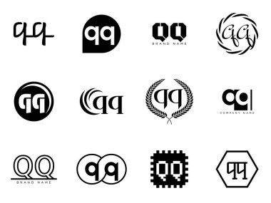 QQ logo şirketi şablonu. Q ve Q harfi logoti. Tasarım elemanları ile farklı klasik serif harfleri ve modern kalın metin ayarla. İlk yazı tipi tipografisi. Koleksiyon trend iş kimliği.
