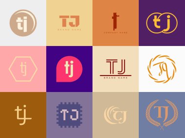 TJ logo şirketi şablonu. Harf t ve j logoti. Tasarım elemanları ile farklı klasik serif harfleri ve modern kalın metin ayarla. İlk yazı tipi tipografisi. Koleksiyon trend iş kimliği.