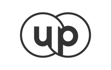 UP şirketinin amblemi, ana hatları yuvarlak ve iki birleşik dairenin logo şablonu, marka kimliği, logoti. Vektör Sonsuzluk sembolü ve teknoloji işareti.