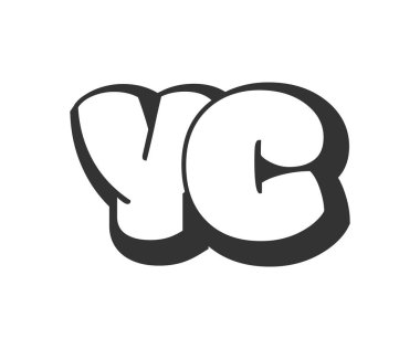 YC logosu, karikatür harfleri, graffiti stili siyah beyaz siluet şeklinde yuvarlak. Festival partisi için son moda Y ve C harfi. Baş harfleri, çocuklar için funky prinky ve web. Vektör illüstrasyonu.