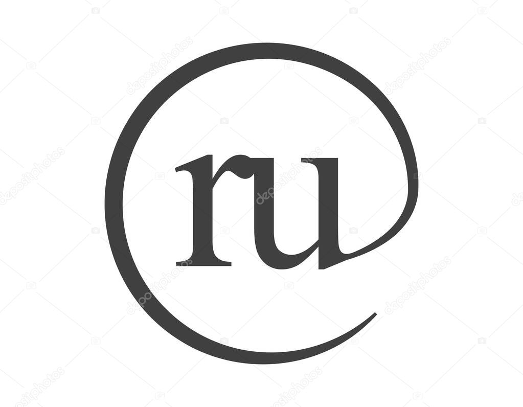 RU logo from two letter with circle shape email sign style. R and U round logotype of business company for brand identity.