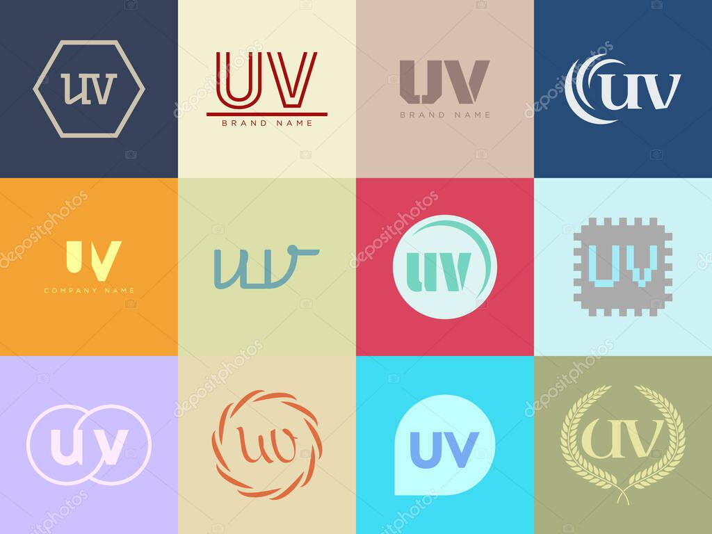 UV logo company template. Letter u and v logotype. Set different classic serif lettering and modern bold text with design elements. Initial font typography. Collection trendy business identity.