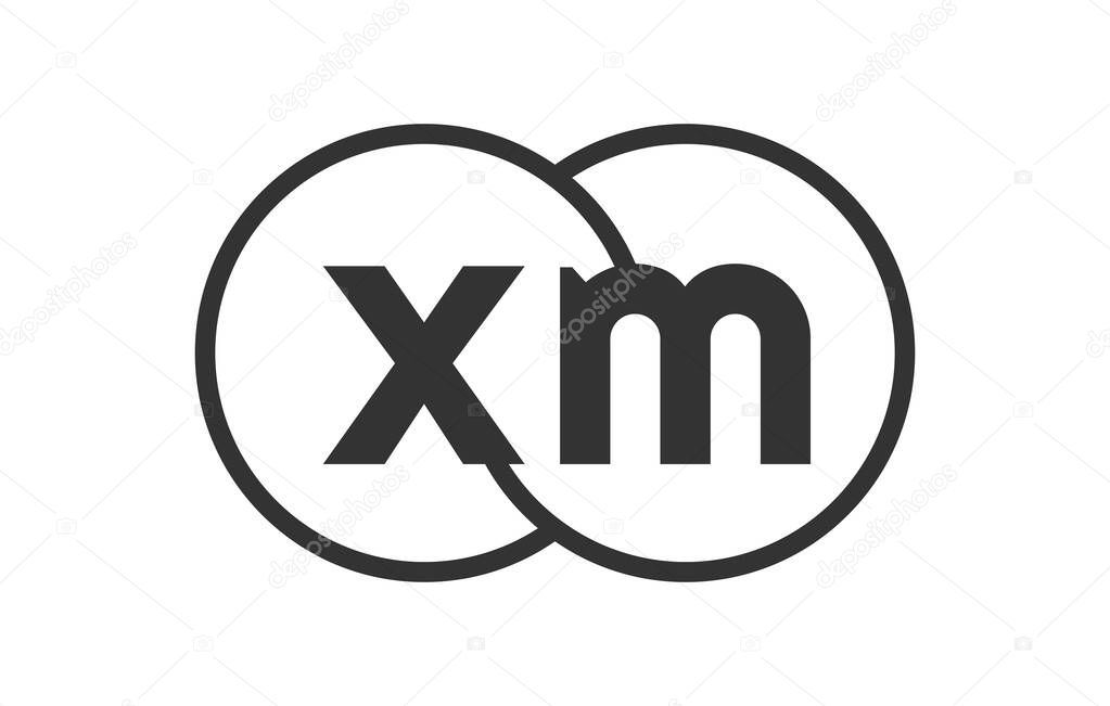 XM business company emblem with outline rounds and letters x m. Logo template of two merged circles for brand identity, logotype. Vector Infinity symbol  and technology sign.