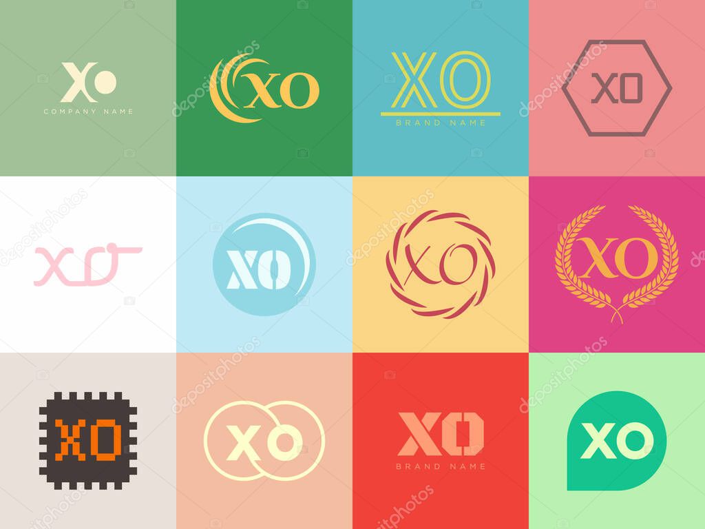 XO logo company template. Letter x and o logotype. Set different classic serif lettering and modern bold text with design elements. Initial font typography. Collection trendy business identity.