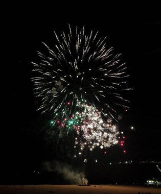 Gece gökyüzünü aydınlatan muhteşem havai fişek gösterisi. Koyu siyah bir arkaplan karşısında canlı renk patlamaları. Kutlama teması, etkinlik tanıtımı ya da tatil tasvirleri için mükemmel..