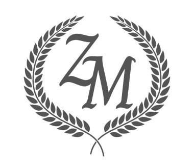 İlk harf Z ve M, defne çelenkli ZM monogram logo tasarımı. Kaligrafi yazı tipli lüks amblem.