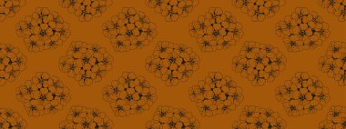 Sıcak, turuncu arka planda koyu kahverengiye boyanmış çiçeklerin zarif, pürüzsüz desenleri. Tekstil baskıları, duvar kağıdı, web sitesi tasarımı veya ambalaj için mükemmel.