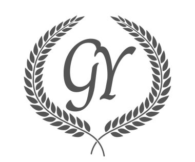 G ve Y harfleri, defne çelenkli GY monogram logo tasarımı. Kaligrafi yazı tipli lüks amblem.