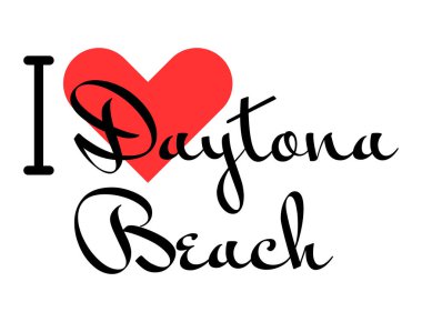 Daytona Sahili 'ni seviyorum, Amerika Birleşik Devletleri' ni. Kırmızı kalpli el yazısıyla yazılmış mektuplar. Vektör illüstrasyon harfleri, yazdırma tişörtü, afiş, poster, etiket veya etiket için modern tasarım.