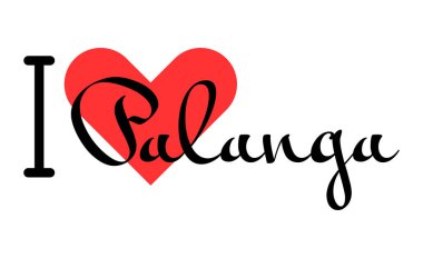 Litvanya 'nın Palanga şehrini seviyorum. Kırmızı kalpli el yazısıyla yazılmış mektuplar. Vektör illüstrasyon harfleri, yazdırma tişörtü, afiş, poster, etiket veya etiket için modern tasarım.