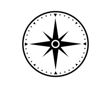 Minimum, temiz, siyah beyaz bir pusula gülü. Yön, seyahat, yön bulma, keşif ve rehberliği sembolize eder. Web sitesi simgeleri, bilgi ögeleri ve logolar için ideal.